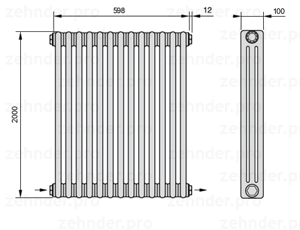 Схема (чертеж) Радиатор Zehnder Charleston 3200/13 №2670 Белый глянцевый RAL 9016